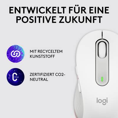 Une souris grise d'ordinateur avec molette de défilement affiche le logo 'logi' en dessous. Des textes décrivent l'utilisation de plastique recyclé et la certification de neutralité carbone.