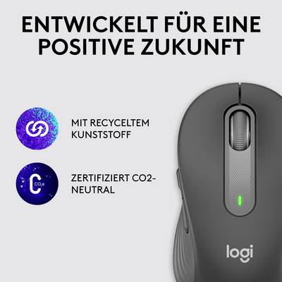 Titre : Développé pour un avenir positif. À gauche : Symboles de plastique recyclé et de neutralité carbone. À droite : Souris Logitech.