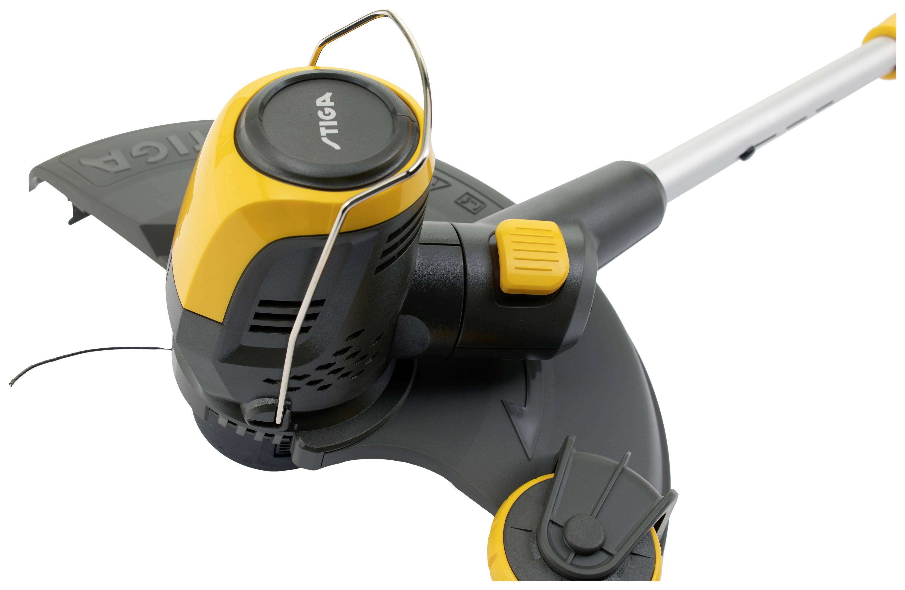 Coupe-bordures avec design jaune et noir, arceau de protection du câble et bobine de fil visible.