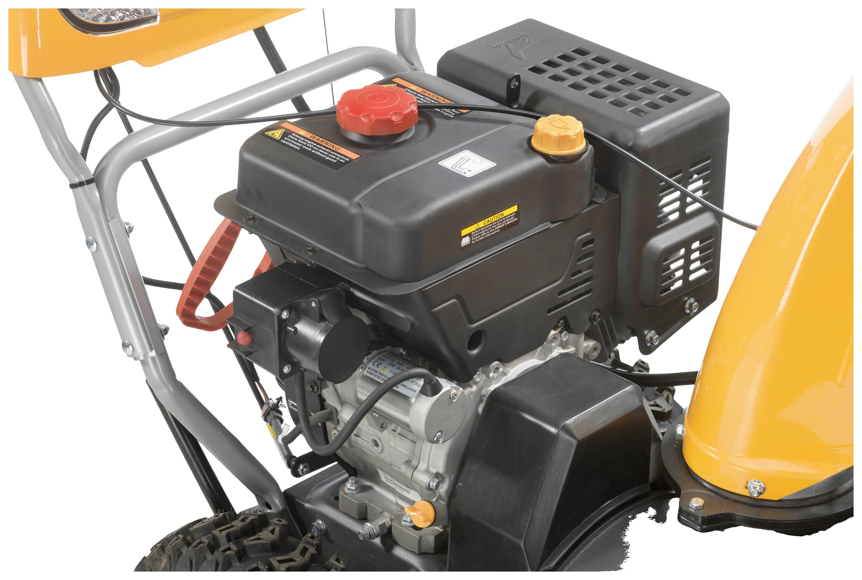 Tondeuse à gazon avec boîtier jaune et bloc moteur noir. L'appareil expose le moteur et les commandes, adapté aux travaux de jardinage.