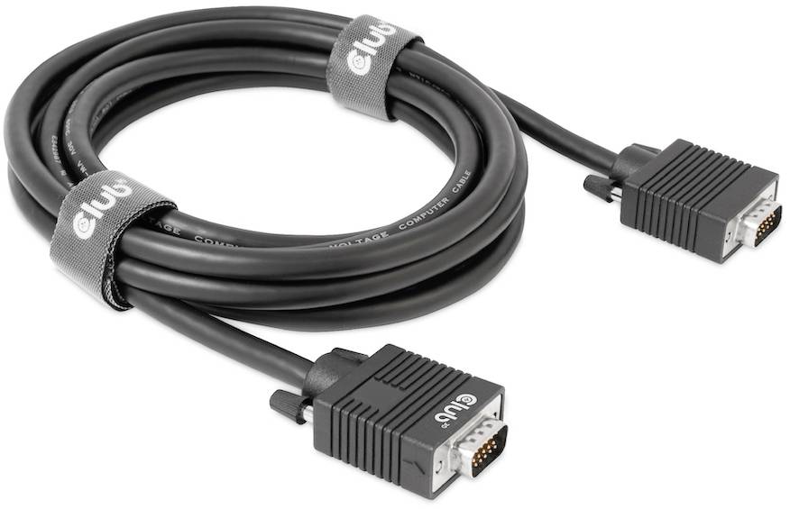 Câble VGA noir avec deux fiches, enroulé de bandes auto-agrippantes pour la fixation, sur fond blanc.