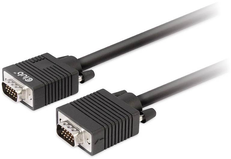 Deux câbles VGA avec fiches noires et connecteurs métalliques gris, utilisés pour raccorder des écrans à des ordinateurs.