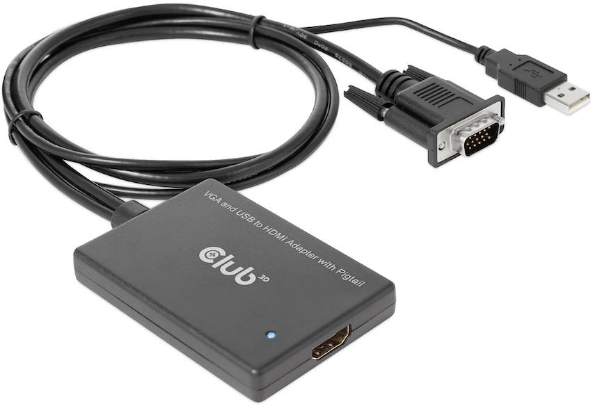 Adaptateur VGA vers HDMI noir avec câble d'alimentation USB. Marqué 'Club 3D'. Adaptateur pour connexions vidéo d'ordinateurs à des écrans.