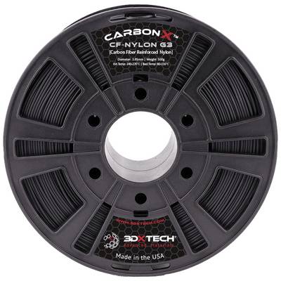 Bobine de filament noir 'CarbonX CF-Nylon' de 3DXTECH. Matériau : Nylon renforcé de fibres de carbone. Poids : 500g. Origine : États-Unis.