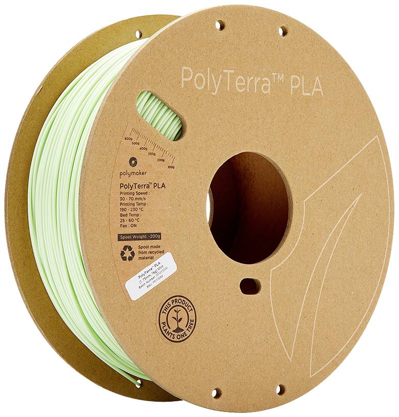 Une bobine de filament vert pour imprimante 3D en PolyTerra PLA. Les spécifications telles que la température et les informations sur le matériau sont imprimées sur la bobine.