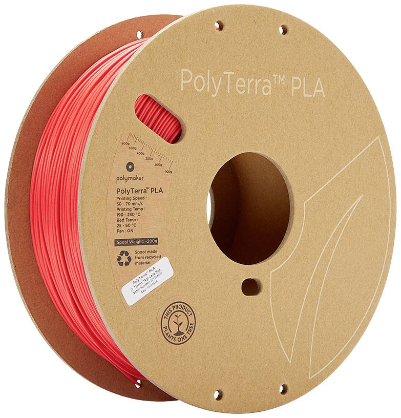 Rouleau de filament PLA PolyTerra rouge pour imprimante 3D, en carton et biodégradable. Contient des instructions de température et d'impression.