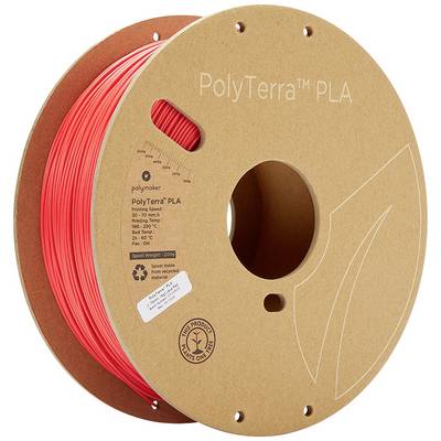 Rouleau de filament PLA PolyTerra rouge pour imprimante 3D, en carton et biodégradable. Contient des instructions de température et d'impression.