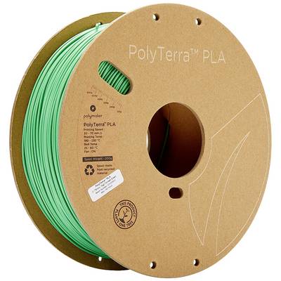 Bobine de filament pour imprimante 3D portant l'inscription 'PolyTerra PLA' sur une bobine en carton recyclé, avec un filament vert, respectueux de l'environnement.