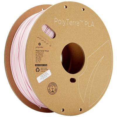 Rouleau de filament PLA 'PolyTerra' rose pour imprimante 3D, produit écologique sur bobine en carton, poids et taille de la bobine indiqués.