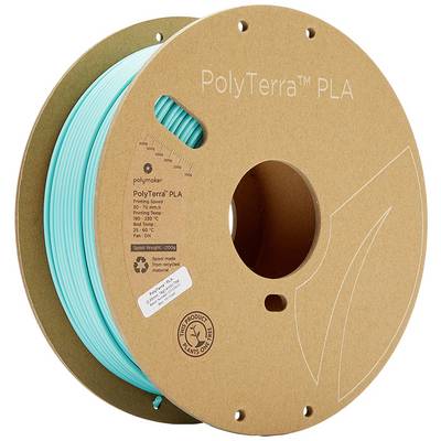 Rouleau de filament PLA PolyTerra de couleur turquoise par Polymaker, matériau d'impression 3D durable. Emballage en carton recyclé.