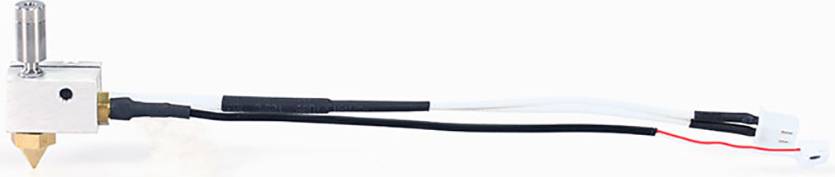 Tête d'impression pour une imprimante 3D avec boîtier métallique, buse et câbles de connexion à l'unité d'alimentation électrique et de contrôle.