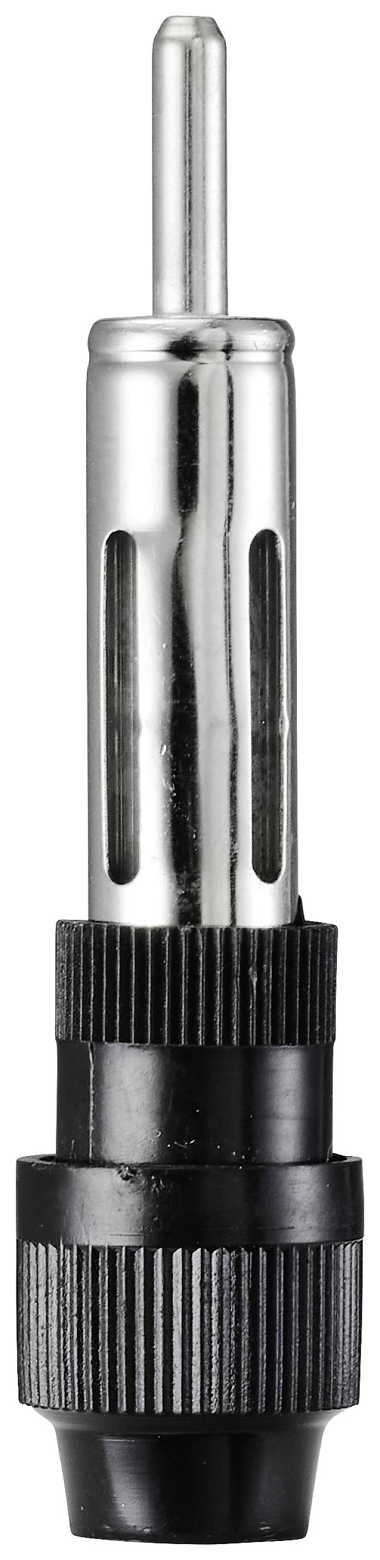 Un fiche banane argentée et noire, souvent utilisée pour connecter des câbles d'enceintes aux systèmes audio.