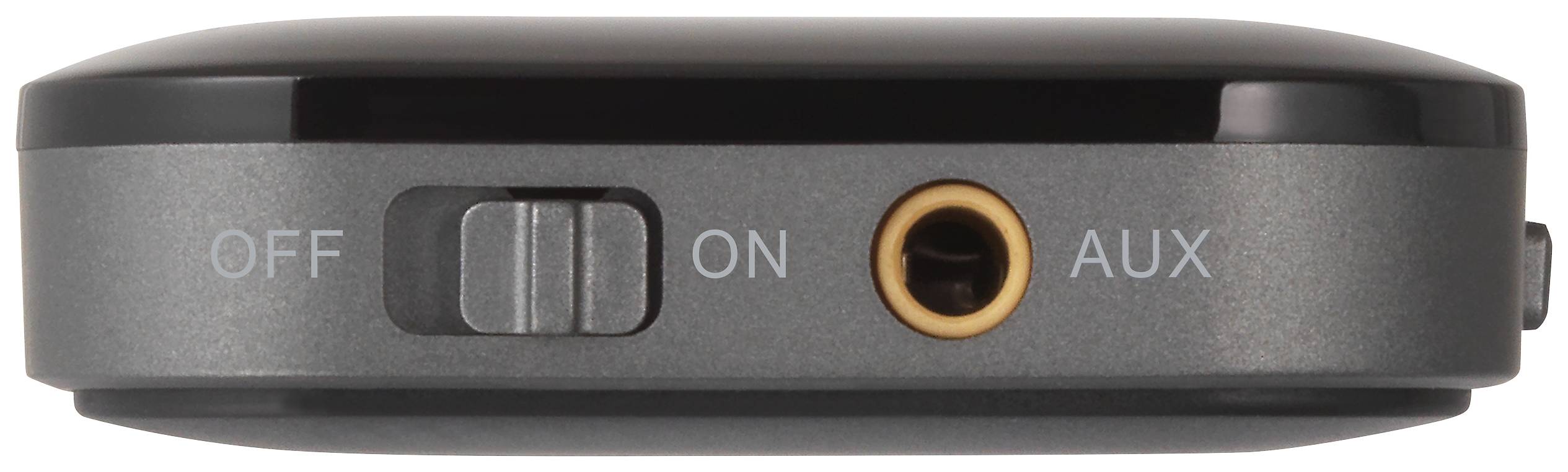 Un appareil rectangulaire avec un interrupteur positionné sur 'ON' et une entrée AUX. À gauche est inscrit 'OFF'.