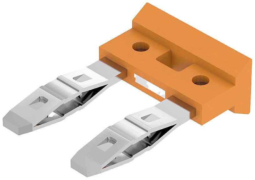 Un connecteur double en métal avec un support en plastique orange contenant deux trous de vis pour le montage.