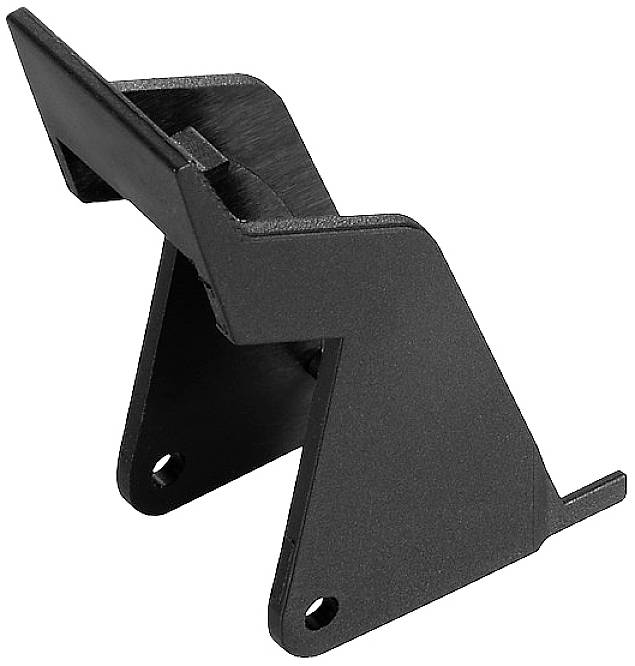 Support métallique noir en forme de L, avec deux trous à la base pour la fixation. Il est robuste et convient aux objets lourds.