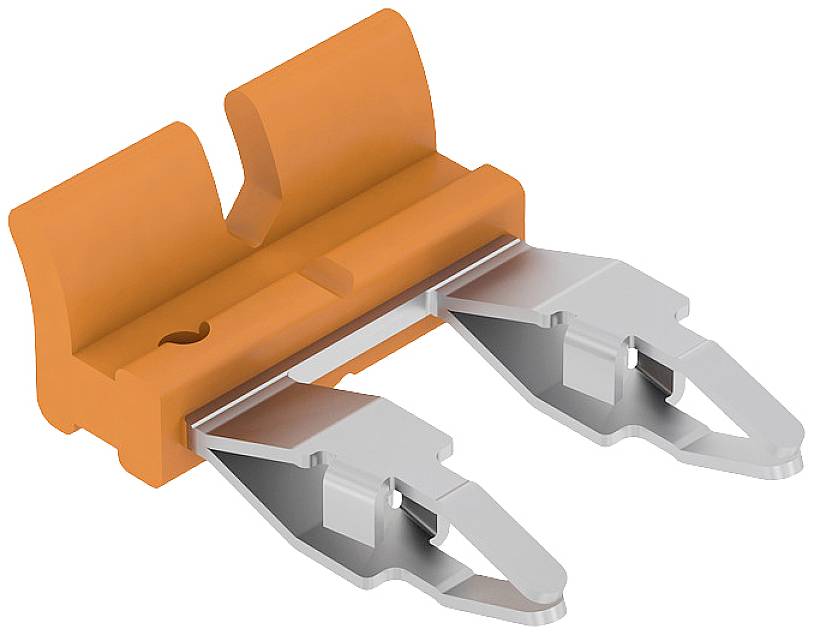 Une pièce en plastique orange équipée de deux pinces métalliques argentées, qui pourraient être utilisées à des fins de montage.