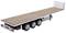 Un remorque de camion à trois essieux au format miniature avec une surface de chargement plate et aspect bois, adaptée au transport de marchandises encombrantes.