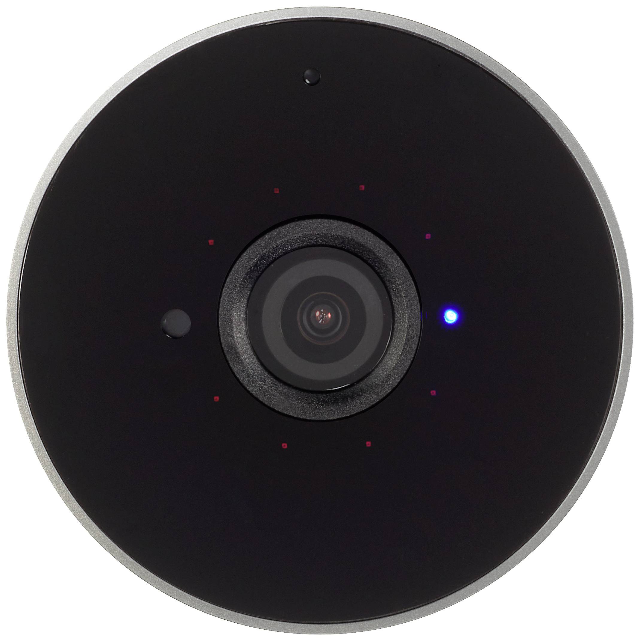 Gros plan d'une caméra de surveillance ronde avec façade noire et voyant LED bleu en haut à droite.