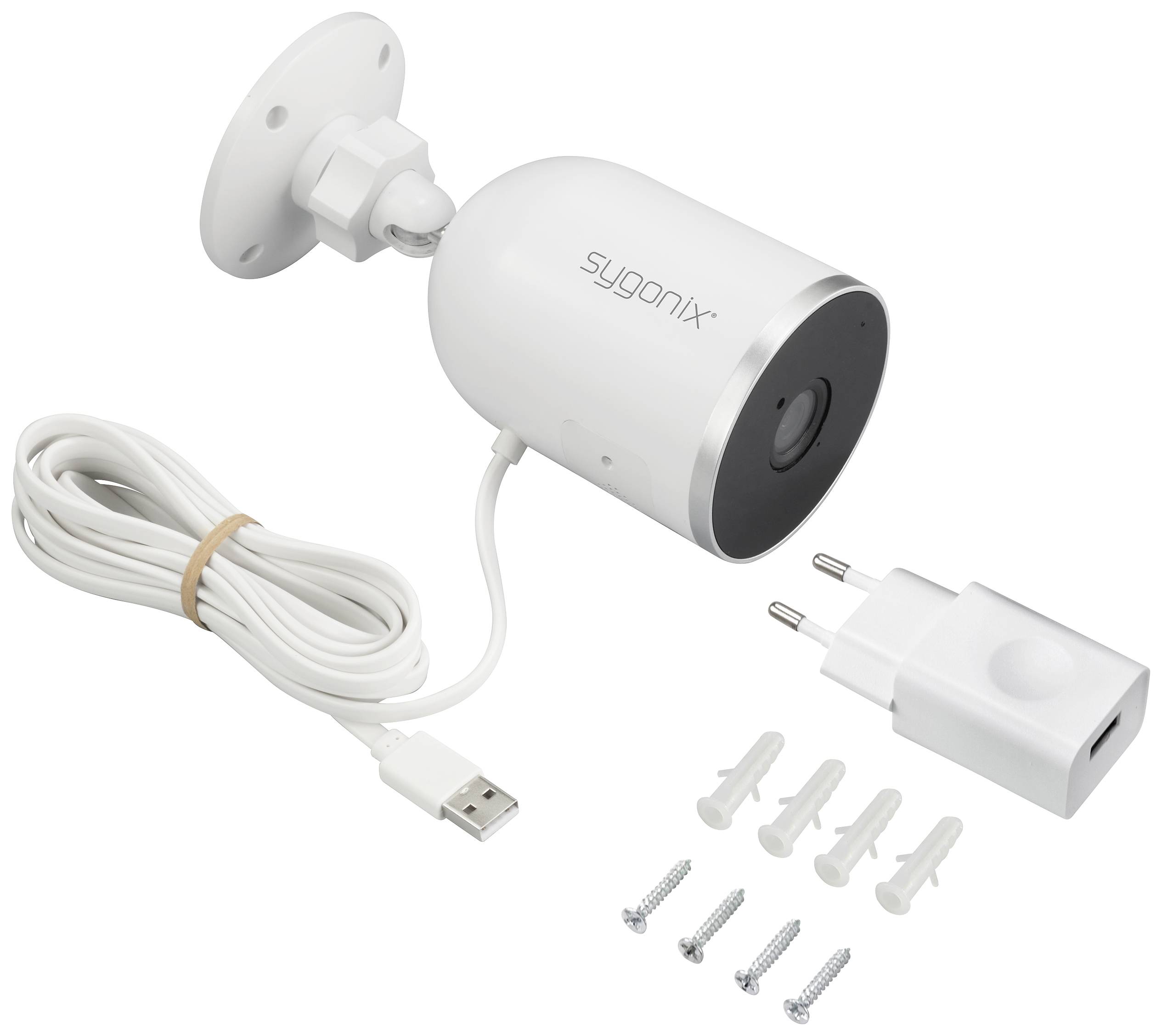 'Caméra de surveillance avec support mural et câble USB, adaptateur secteur et vis de fixation fournis.'