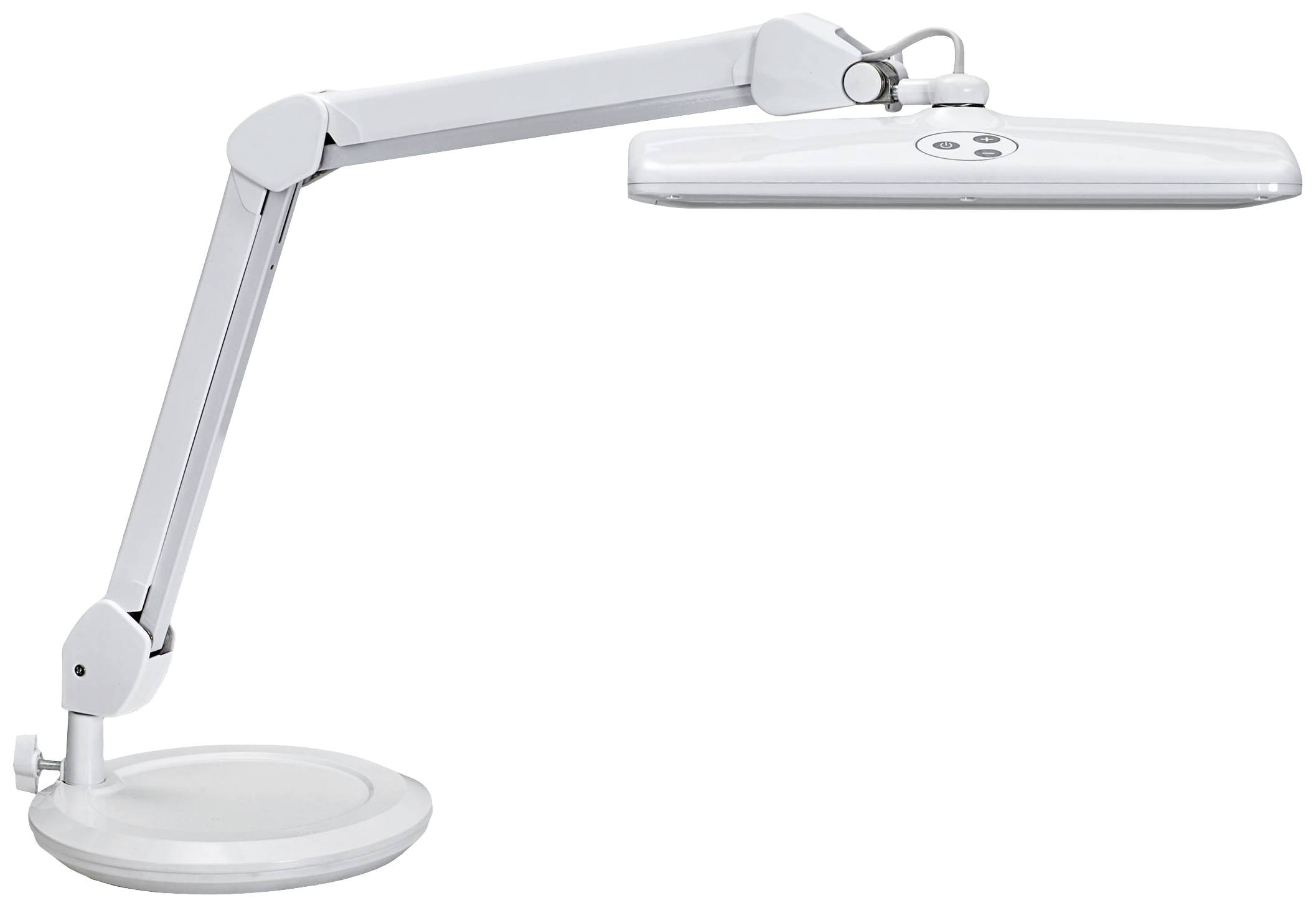 Une lampe de bureau blanche, moderne, avec un bras ajustable et une tête rectangulaire. Idéale pour un éclairage de poste de travail précis.