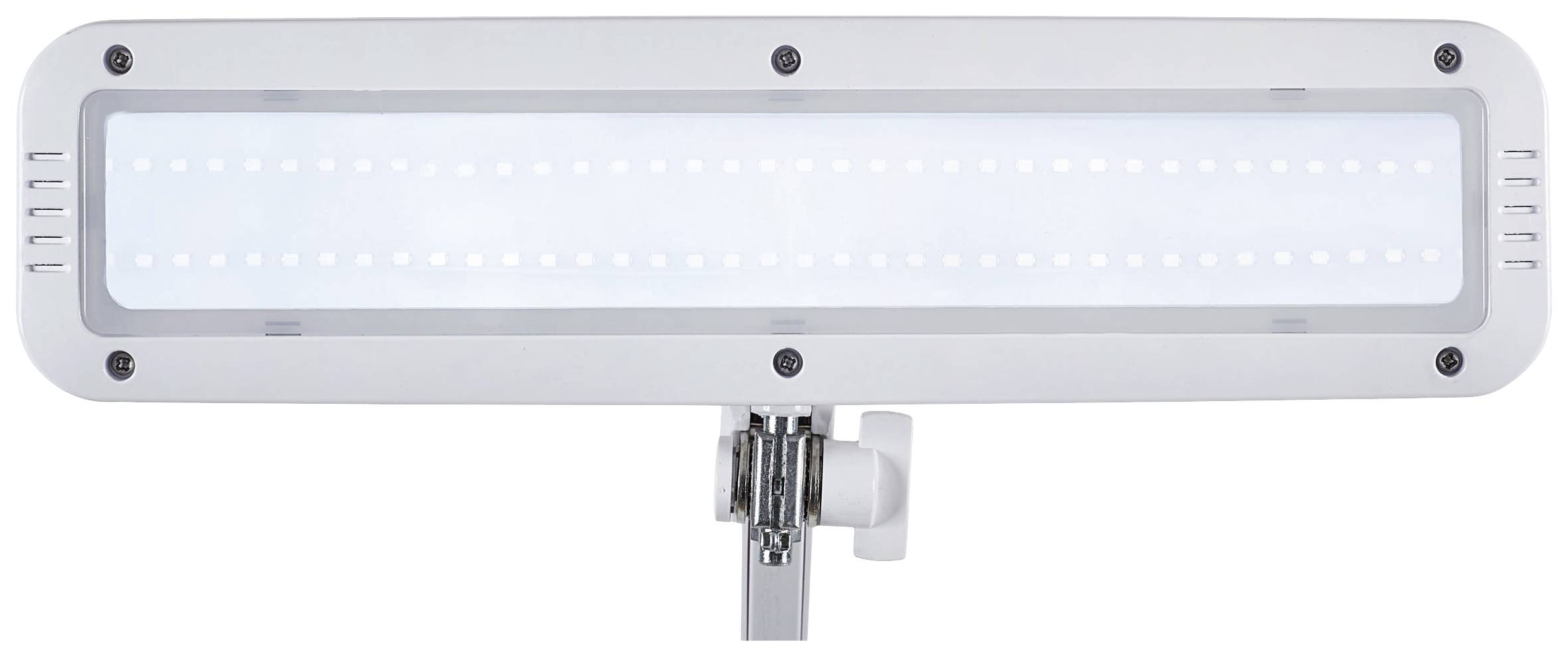 Luminaire LED rectangulaire allongé, orienté horizontalement, avec support métallique en bas. Adapté pour un éclairage uniforme et lumineux.