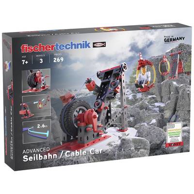 Emballage du set de téléphérique de Fischer Technik, montrant un modèle de téléphérique sur des rochers. Contient 269 pièces, adapté à partir de 7 ans.
