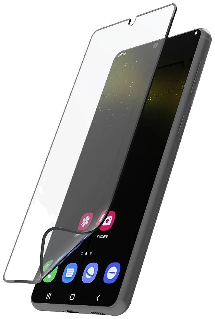 Smartphone au boîtier noir avec protection d'écran transparente. Des icônes d'applications colorées sont visibles sur l'écran.