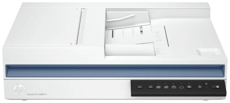 Un scanner blanc avec une surface bleue, quelques éléments de commande et un bac à papier. Adapté aux travaux de bureau et aux numérisations de documents.