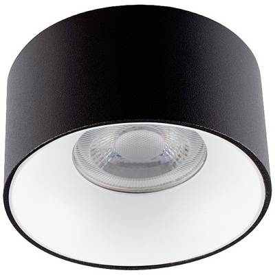 Plafonnier cylindrique noir avec un élément LED central rond. Design minimaliste pour des intérieurs modernes.