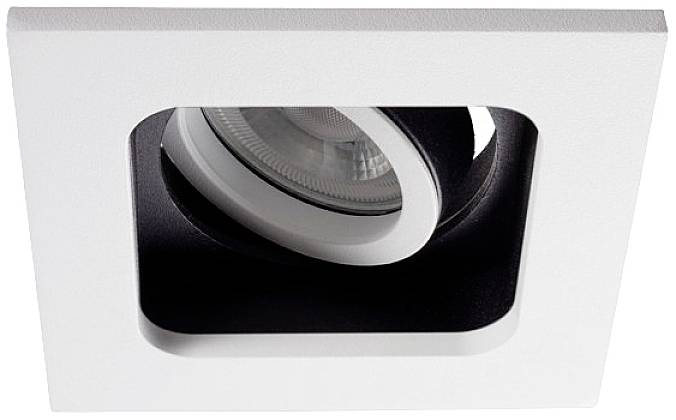 Un plafonnier carré blanc avec un projecteur rond et orientable à l'intérieur, adapté pour un éclairage directionnel.