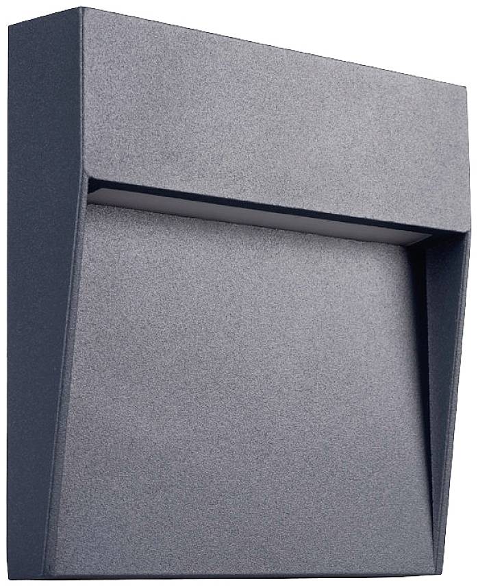 Un design moderne de luminaire mural gris foncé à forme rectangulaire avec un diffuseur légèrement en saillie, adapté à l'éclairage extérieur.