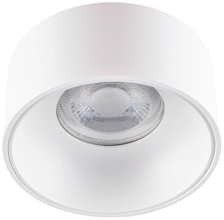 Luminaire de plafond blanc cylindrique avec une lentille unique encastrée ; design minimaliste pour espaces intérieurs modernes.