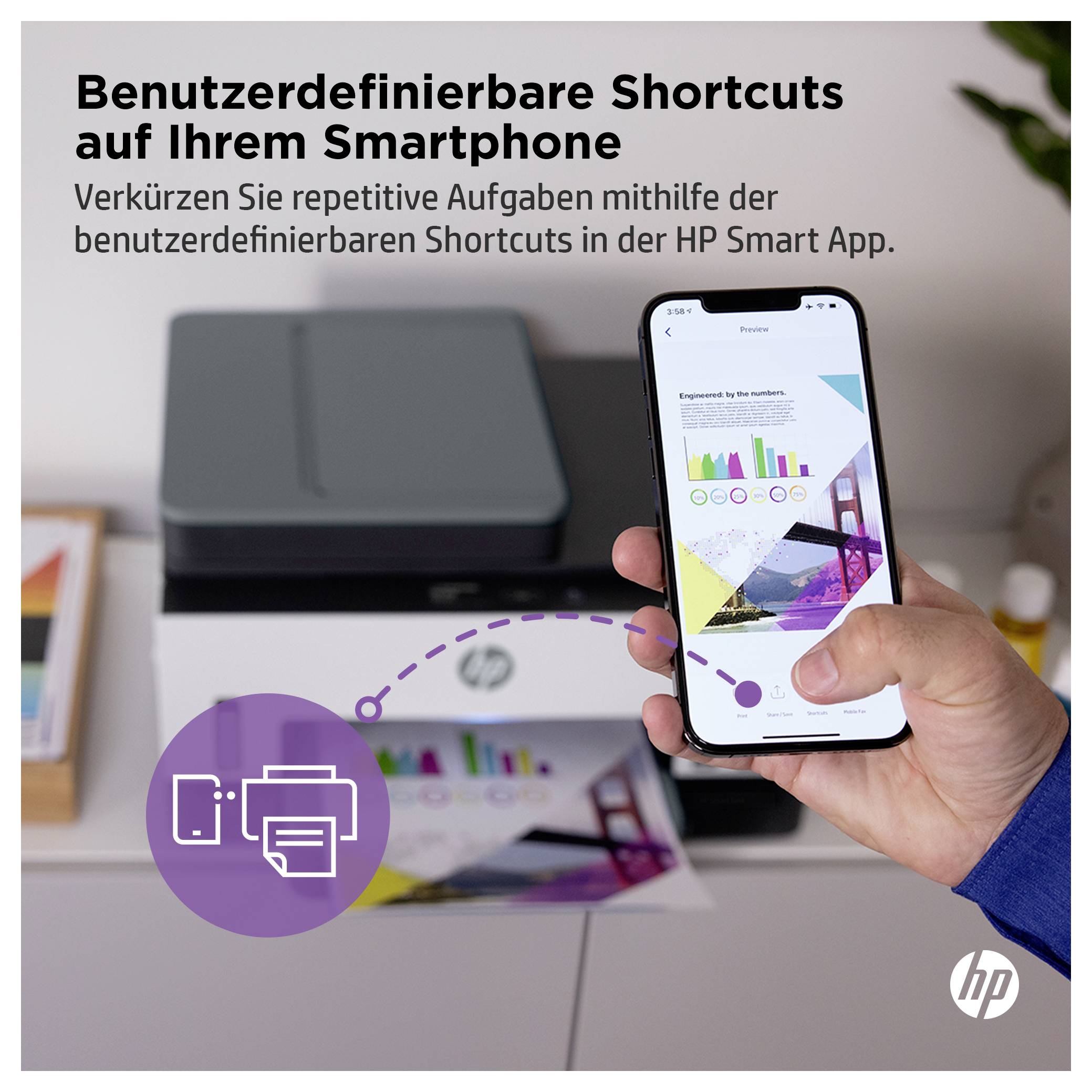 Publicité HP montrant une main utilisant un smartphone pour imprimer sur une imprimante HP ; le texte allemand promeut les raccourcis personnalisables dans l'application HP Smart.