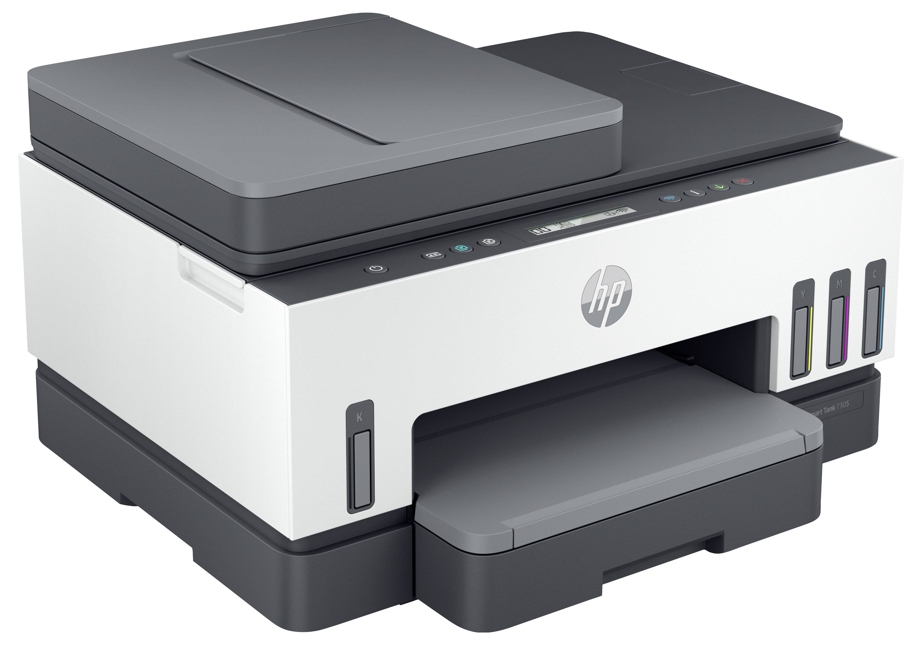 Imprimante tout-en-un HP avec scanner à plat, bac à papier et fenêtres de niveau d'encre sur le côté avant-droit.