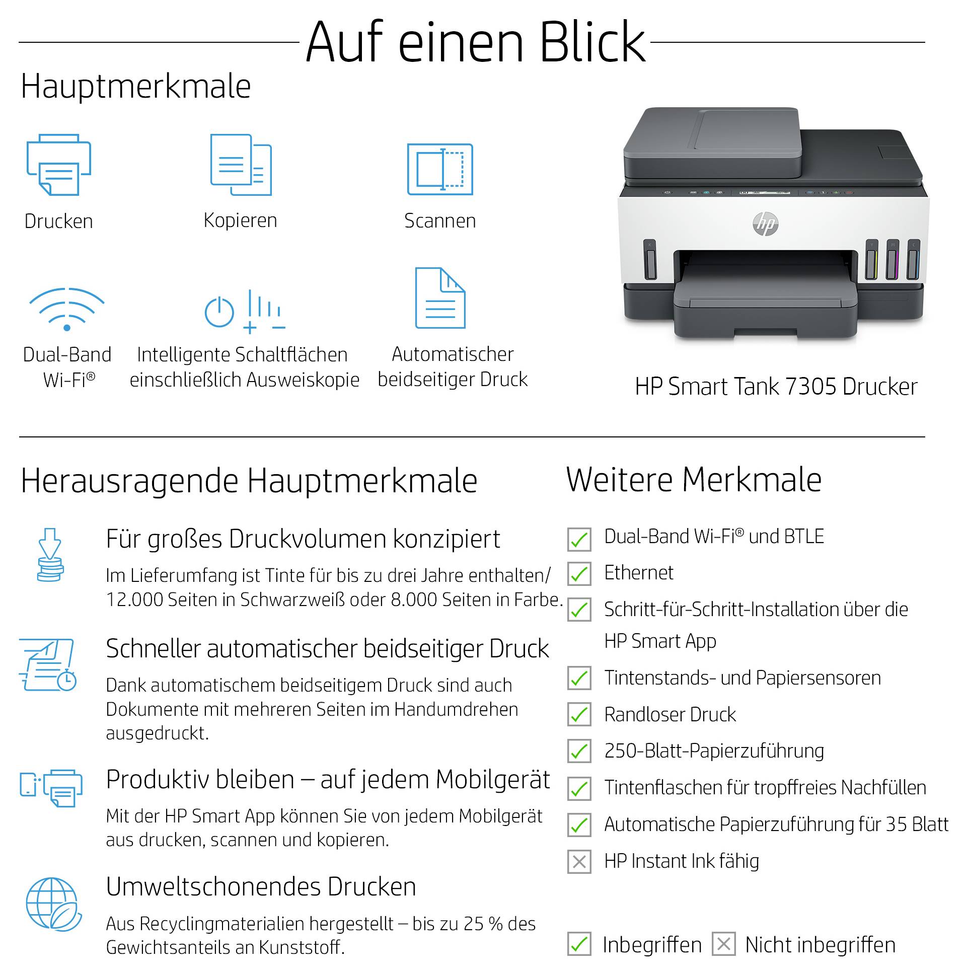 Aperçu publicitaire pour l'imprimante HP Smart Tank 7305 avec des fonctionnalités telles que l'impression, la copie, la numérisation, le Wi-Fi, l'impression recto-verso automatique et d'autres caractéristiques.