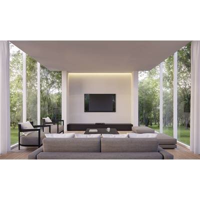 Salon moderne avec de grandes baies vitrées donnant sur un jardin verdoyant. Canapé gris, téléviseur fixé au mur, aménagement minimaliste.