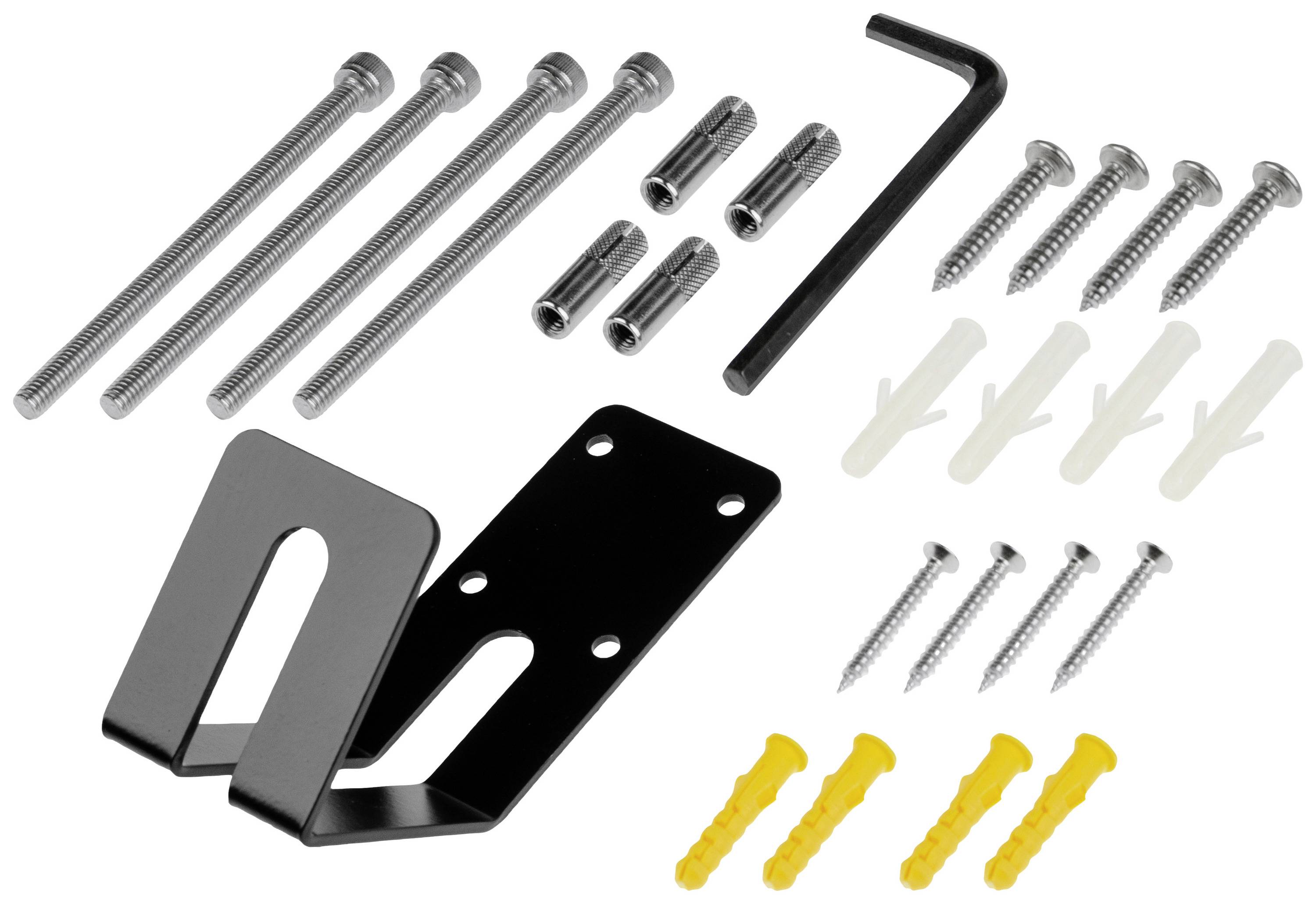 Kit de montage avec vis, chevilles et crochets de fixation, adapté pour la fixation murale d'appareils ou d'étagères.