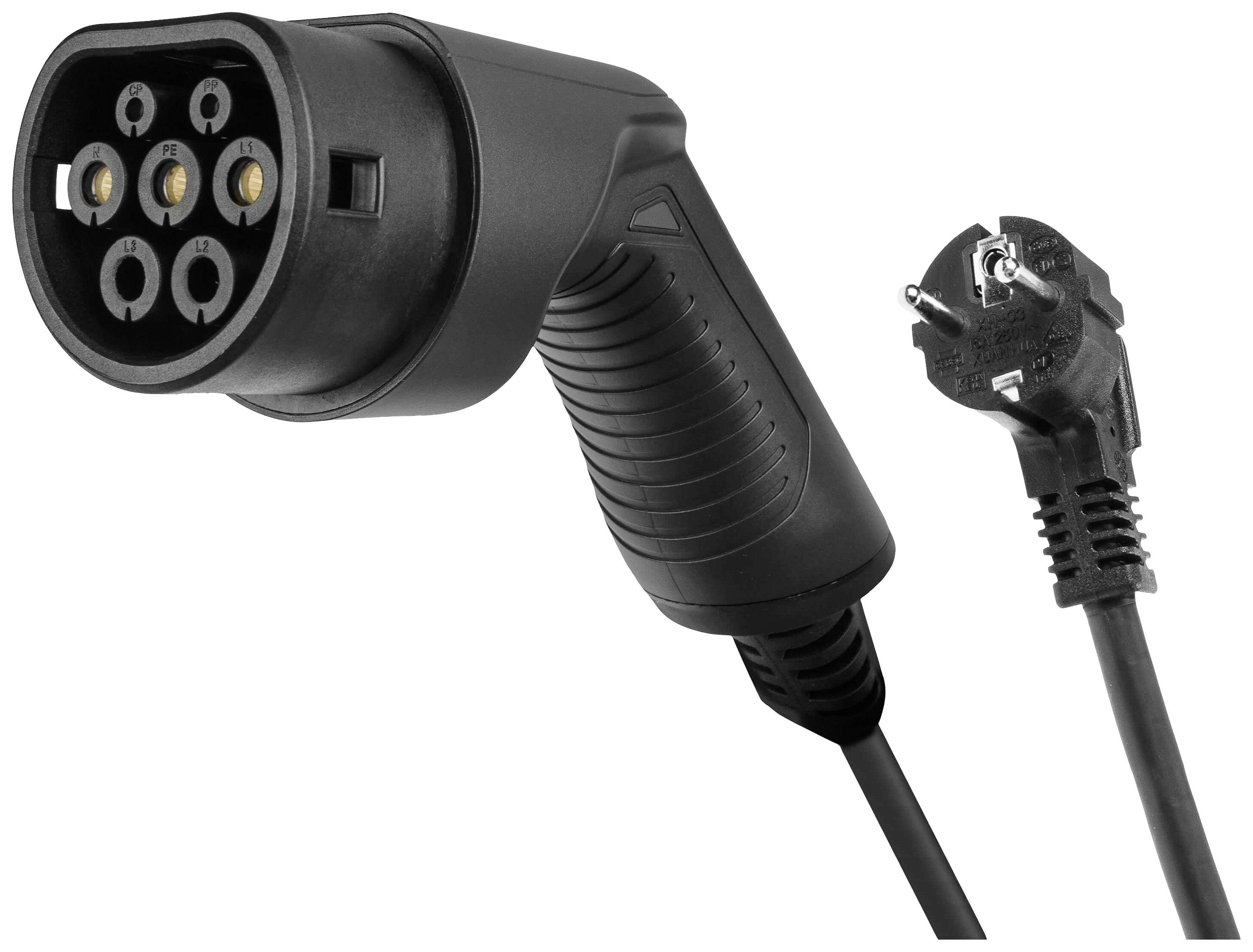 Un câble de charge noir pour véhicules électriques avec une fiche de type 2 sur le côté gauche et une fiche Schuko sur le côté droit.