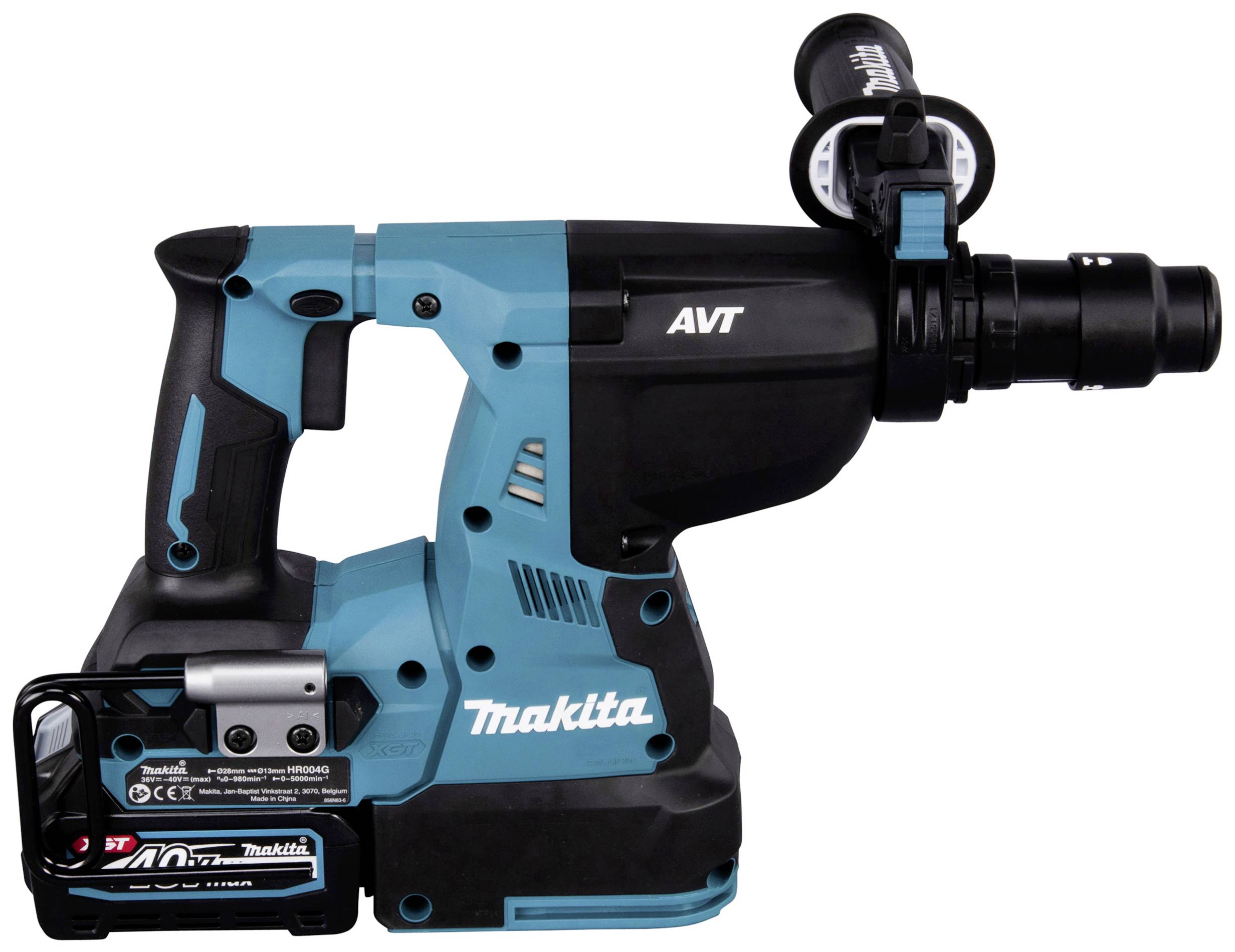Outil électrique, marteau perforateur Makita, bleu et noir, posé sur le côté avec sa batterie insérée. Équipé du système AVT et SDS-Plus.