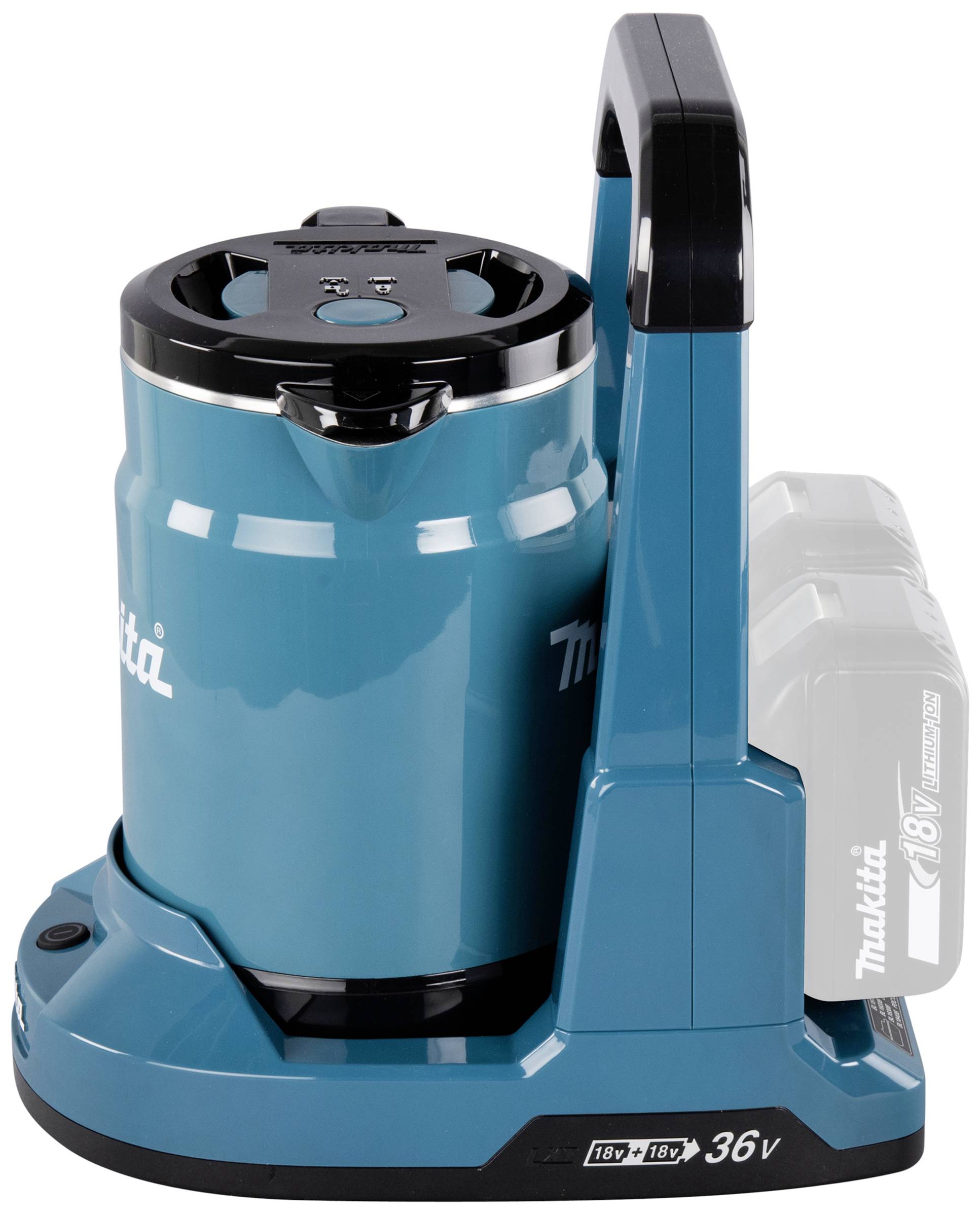 Un aspirateur Makita bleu sans fil, avec un fonctionnement sur deux batteries, est posé verticalement. Les logos de la marque et les détails techniques sont visibles.