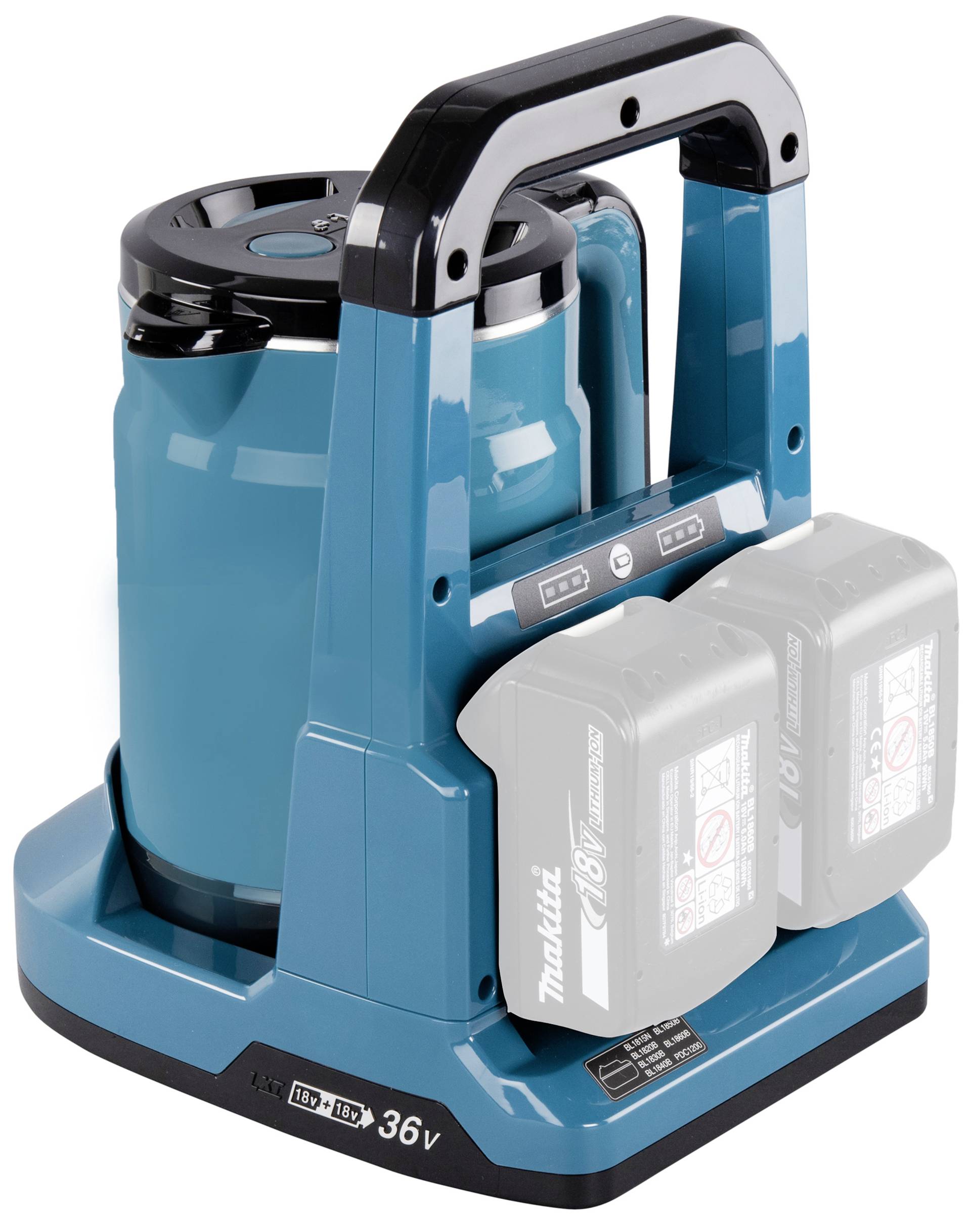 Bouilloire électrique portable avec deux batteries de 18V, adaptée aux chantiers ou aux endroits sans alimentation électrique.