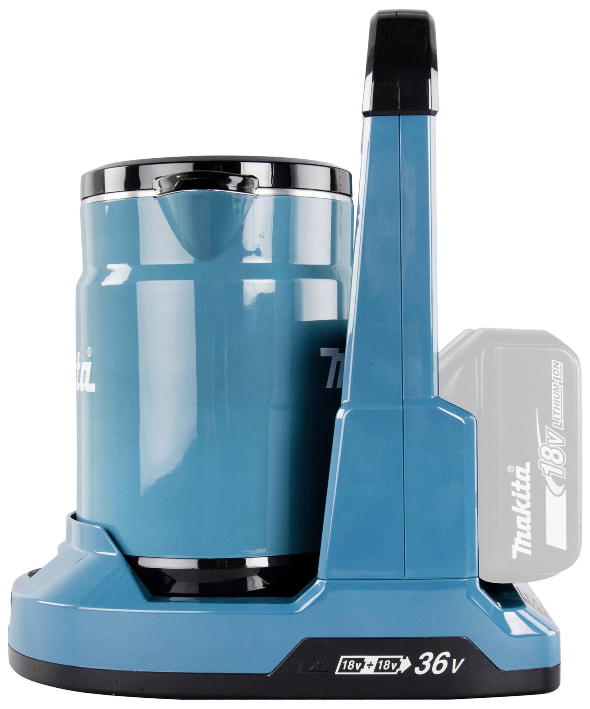 Un aspirateur sans fil bleu avec batterie 36V est posé sur le côté. Idéal pour un nettoyage simple et flexible sans fil.