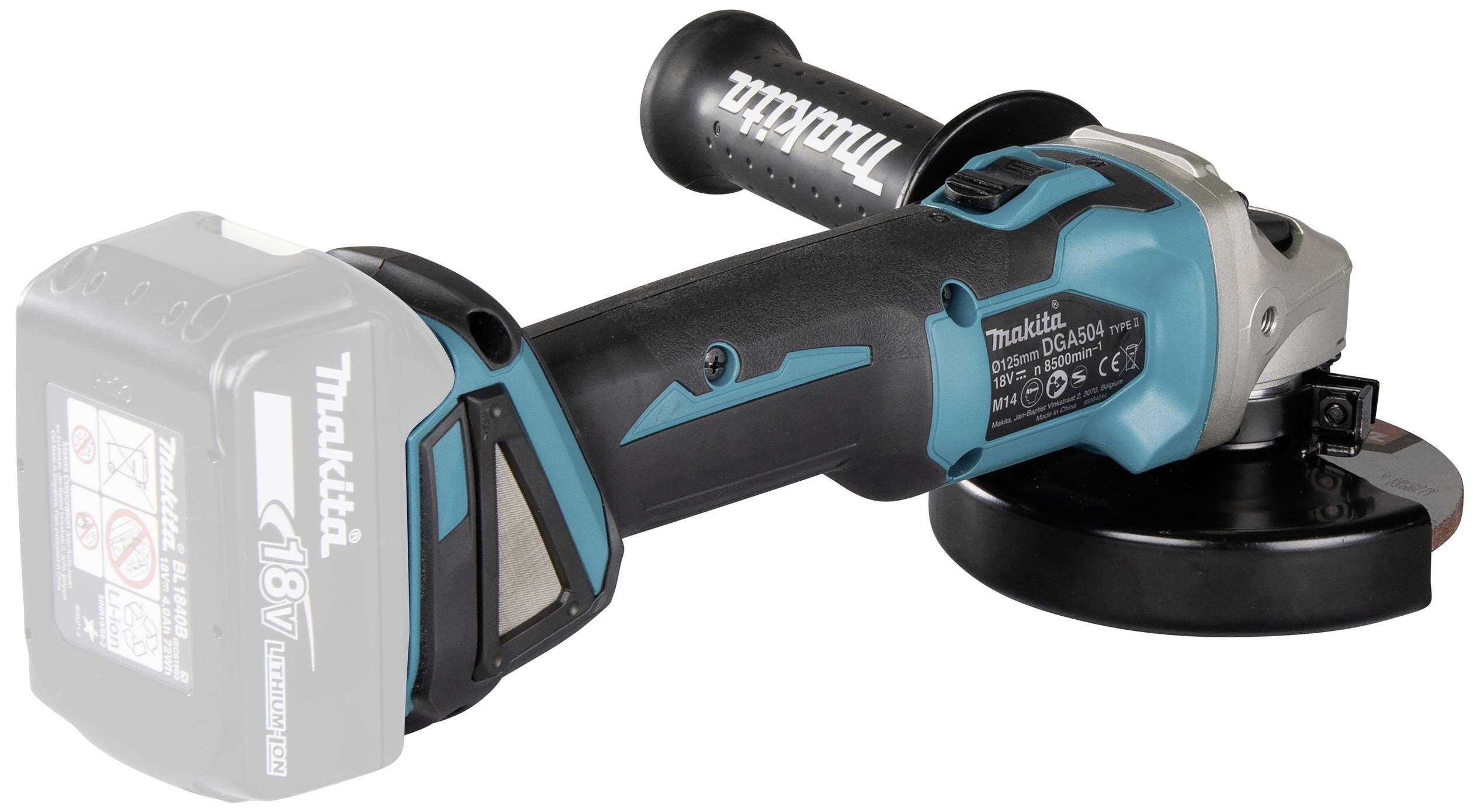 Un meuleuse d'angle sans fil avec un boîtier bleu et noir et une poignée latérale. Utilise une batterie 18V, la marque est visible.