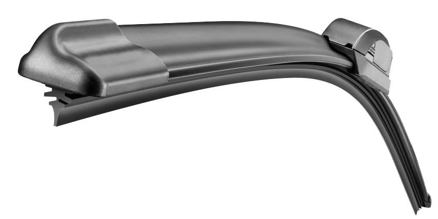 Un essuie-glace noir moderne au design aérodynamique, conçu pour améliorer les performances et la visibilité par temps de pluie.