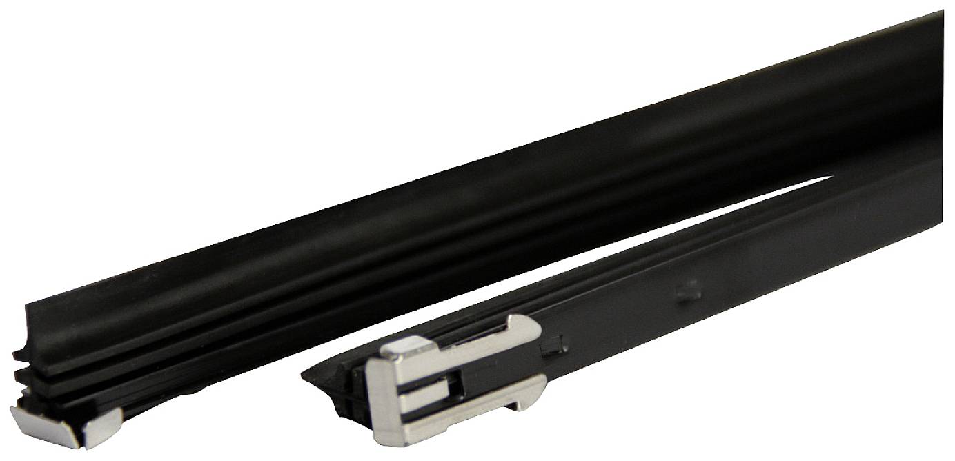 Essuie-glace noir avec support métallique, aligné horizontalement, sur fond blanc.