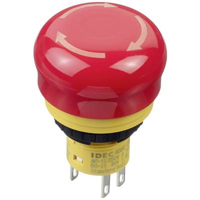 Bouton d'arrêt d'urgence IDEC avec socle jaune et flèches, utilisé pour l'arrêt de sécurité des machines.