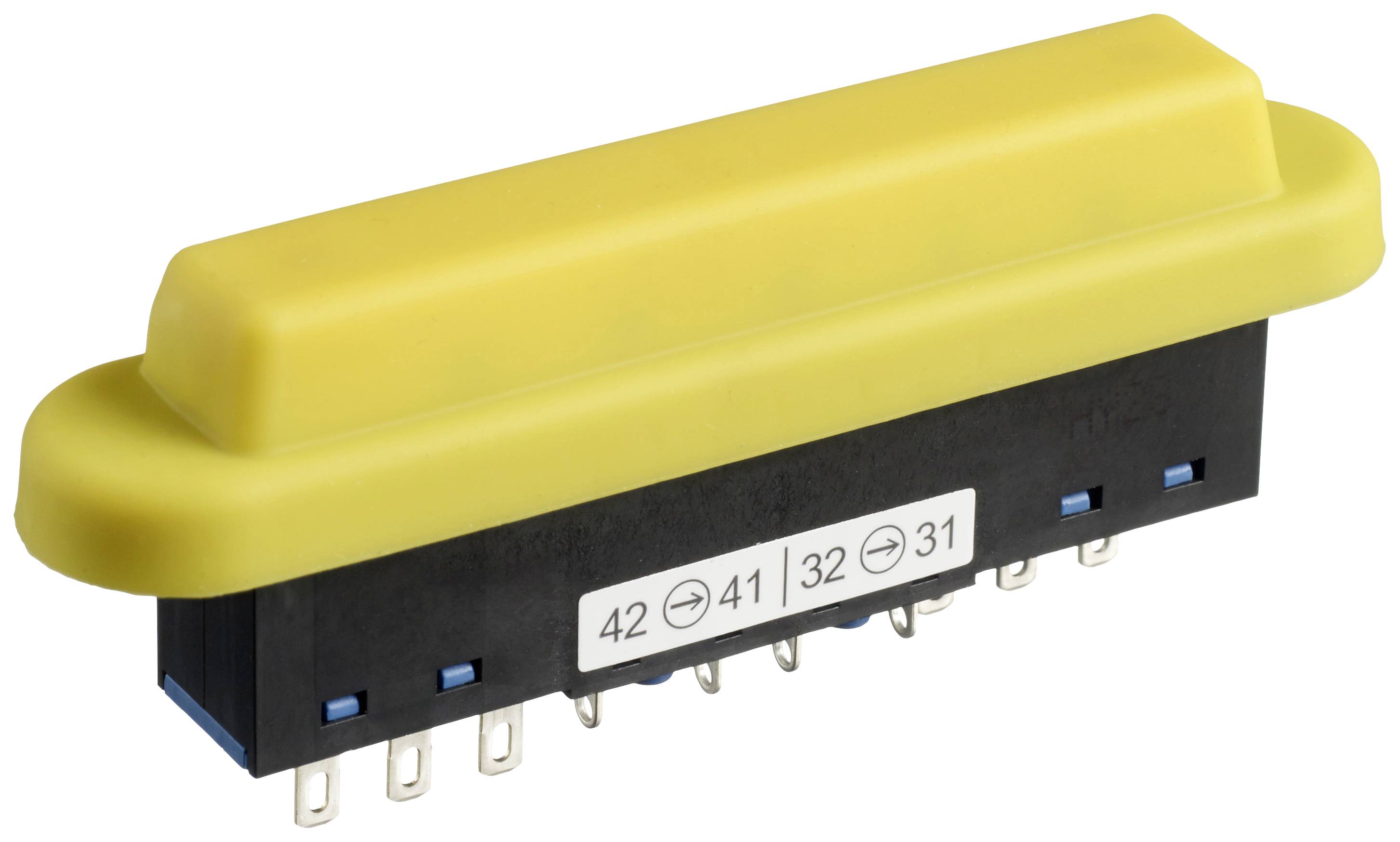 Un interrupteur rectangulaire jaune avec plusieurs connexions métalliques et l'inscription numérique '42 41 32 31' sur le côté.