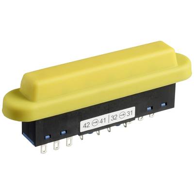 Un interrupteur rectangulaire jaune avec plusieurs connexions métalliques et l'inscription numérique '42 41 32 31' sur le côté.