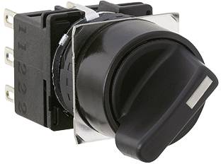 Gros plan sur un commutateur rotatif noir avec un boîtier rectangulaire et plusieurs connexions électriques à l'arrière.