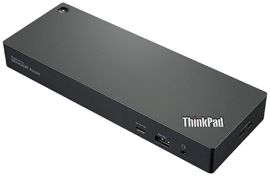 Station d'accueil ThinkPad noire avec plusieurs ports USB, un port LAN et un interrupteur d'alimentation, utilisée pour étendre la connectivité des ordinateurs portables.